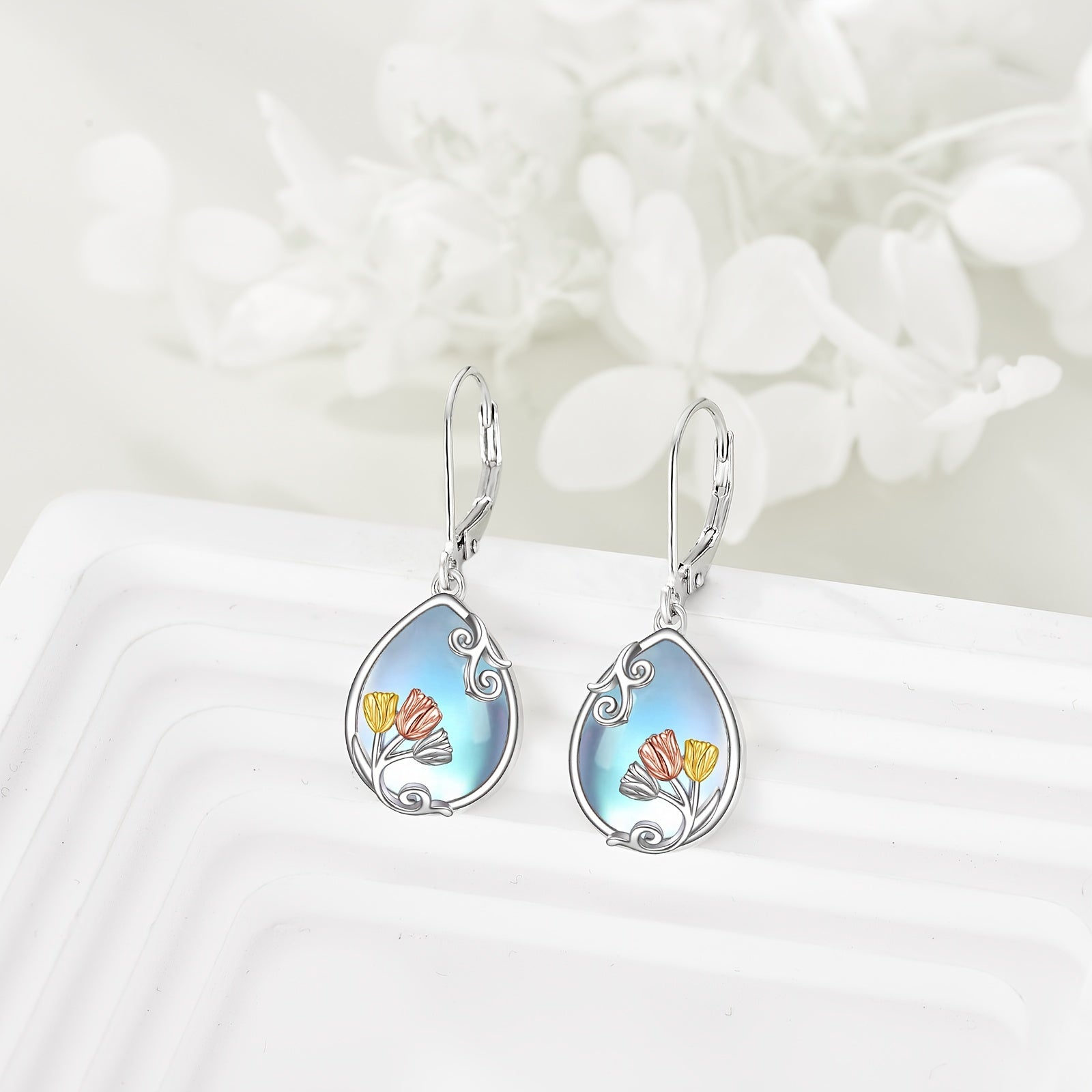 Tulip Leverback Earrings For Women Sterling Silver Moonstone Purple Tulip Flower Dangle Earring