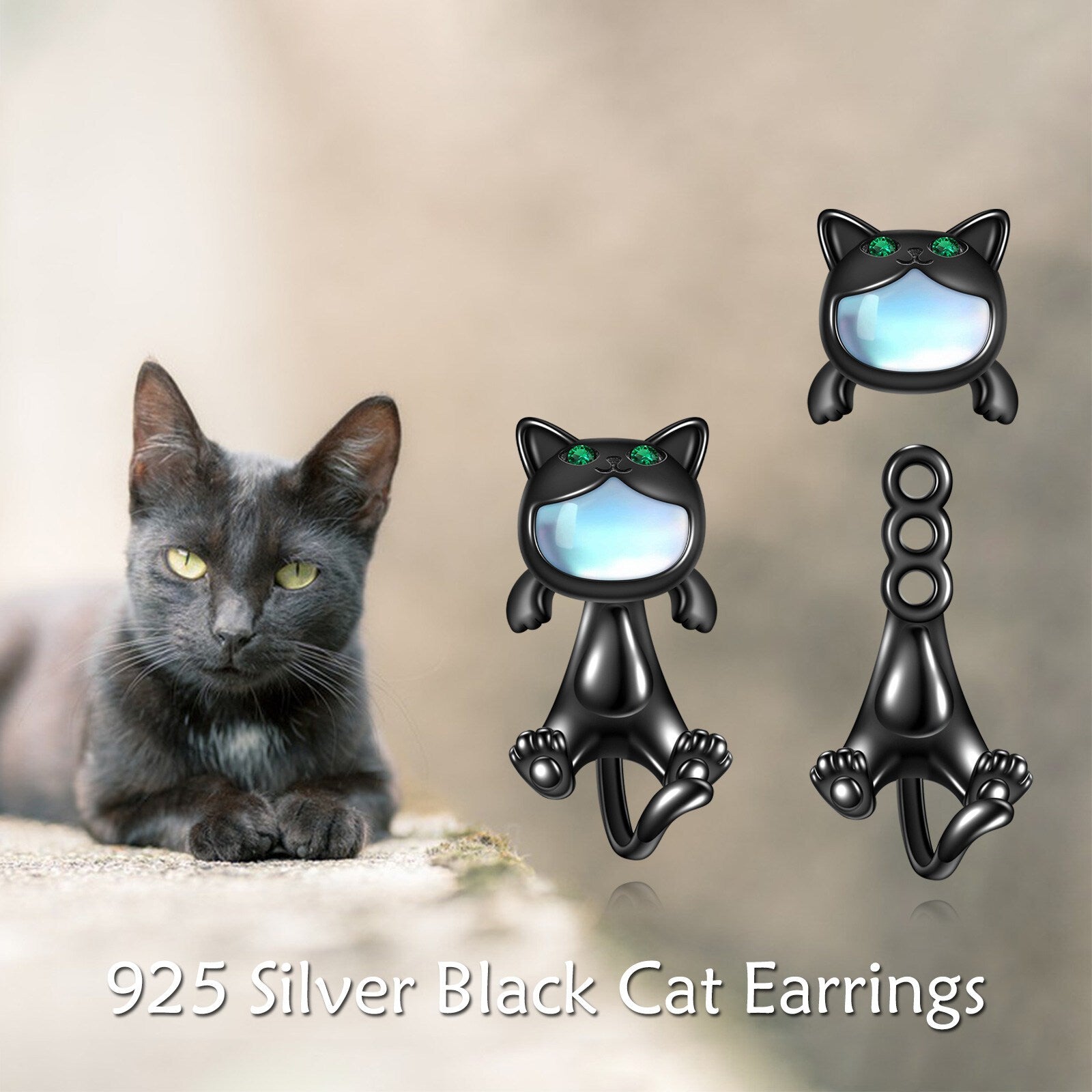 925 Sterling Silvery Gunmetal Moonstone Black Cat Earrings Two Stacked Ways to Wear Cat Dangling Earrings Cat Earrings Stud Earrings