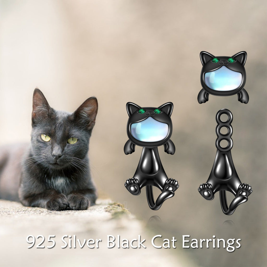 925 Sterling Silvery Gunmetal Moonstone Black Cat Earrings Two Stacked Ways to Wear Cat Dangling Earrings Cat Earrings Stud Earrings