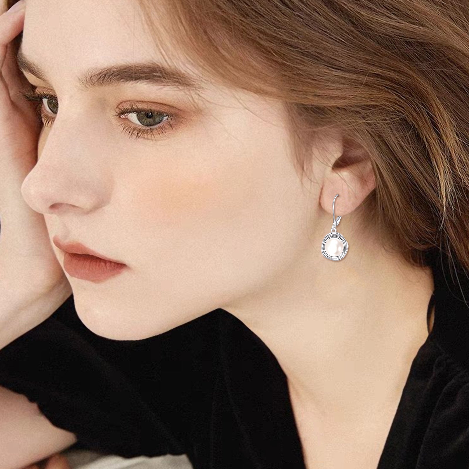 925 Sterling Silvery Black Imitation Pearl Earrings French Buckle Imitation Pearl Spiral Dropped Earrings for Women's Imitation Pearl Jewelry