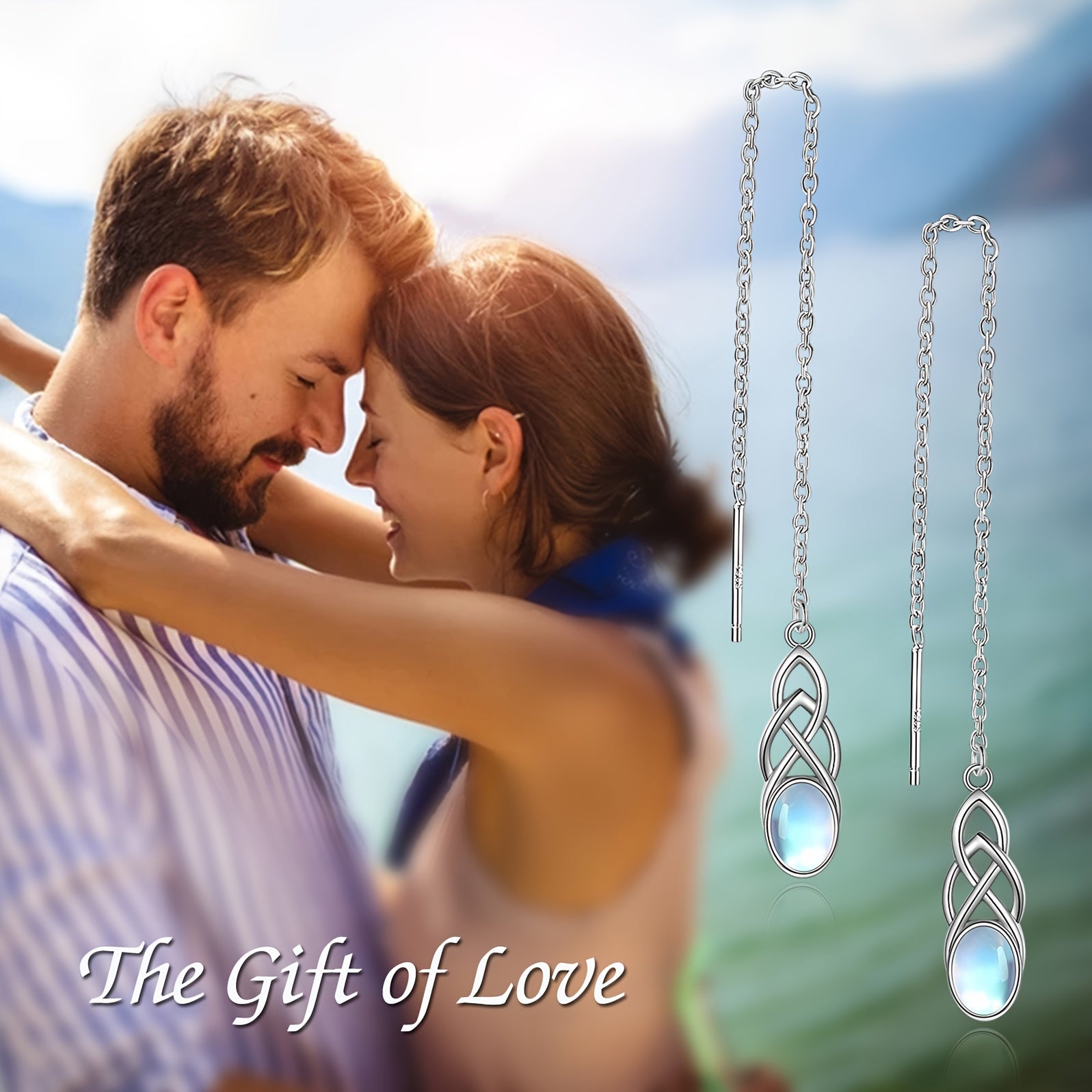 Synthetic Moonstone Threaded Earrings Sterling Silver Celtic Dangle Tear Drop Long Chain Earrings Jewelry Birthday Gifts For Women