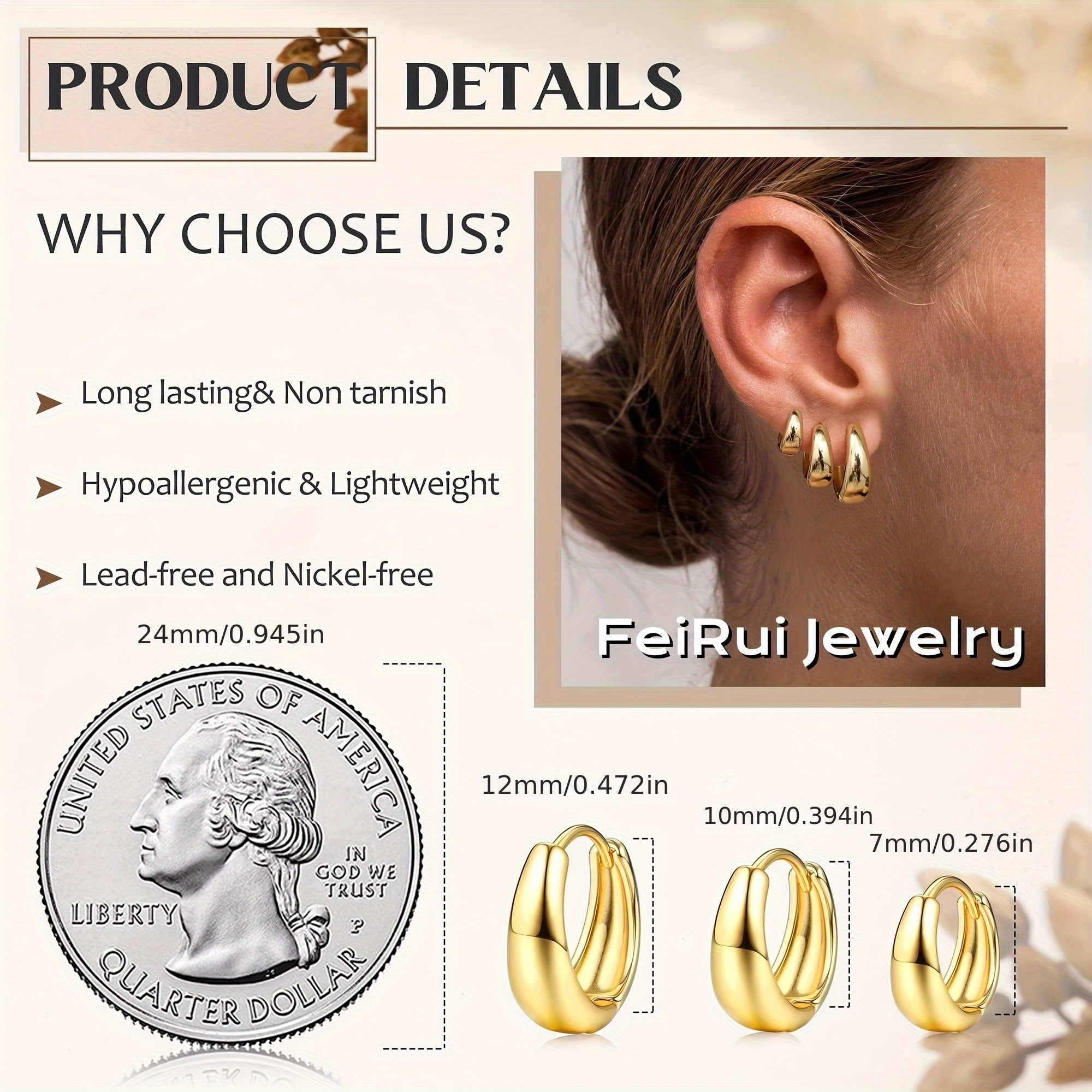 3 Pairs of Women'S Hoop Earrings, Fashionable and Small Lightweight Thick Hoop Earring Set, Exquisite, Non-fading, Waterproof, Earrings for Women, Stacked for Multiple Piercings