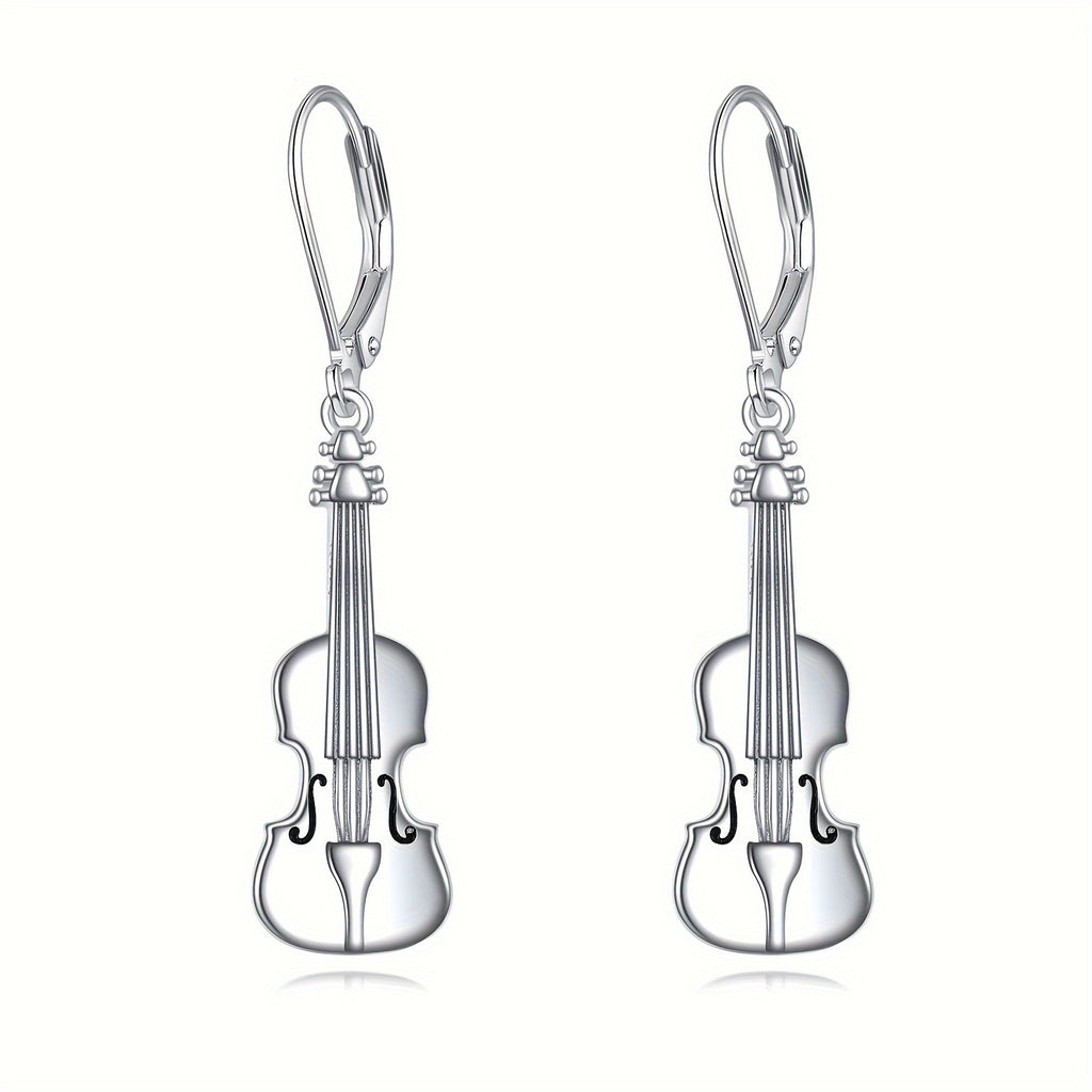 Earrings Made Of Sterling Silver In The Shape Of Violins, With A Dangling Design And Leverback Closure, Perfect For Music Enthusiasts Of Both Genders.