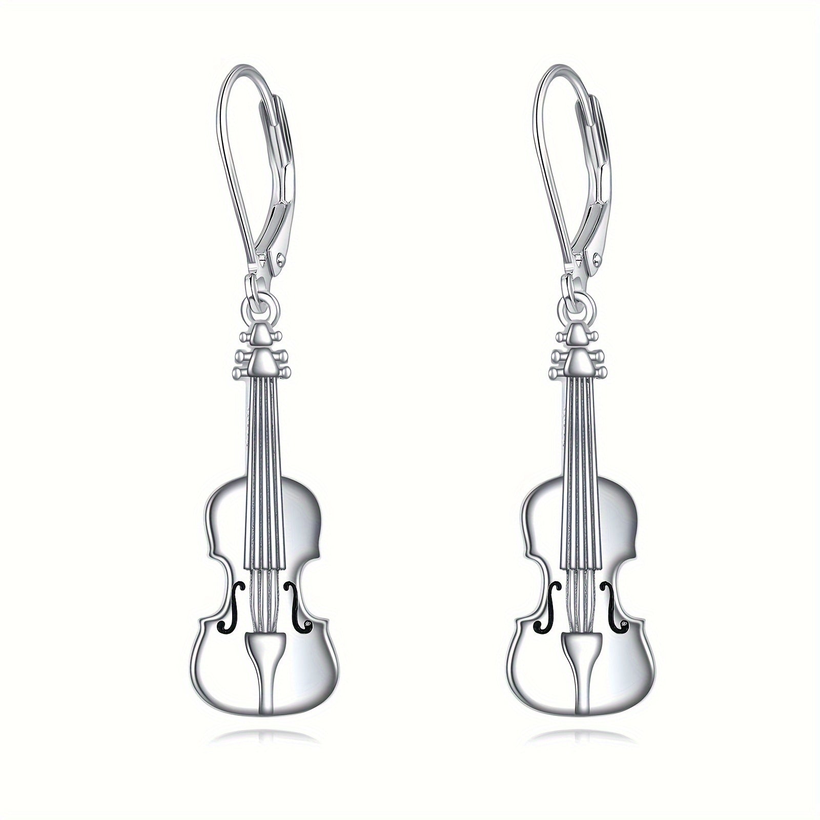 Earrings Made Of Sterling Silver In The Shape Of Violins, With A Dangling Design And Leverback Closure, Perfect For Music Enthusiasts Of Both Genders.
