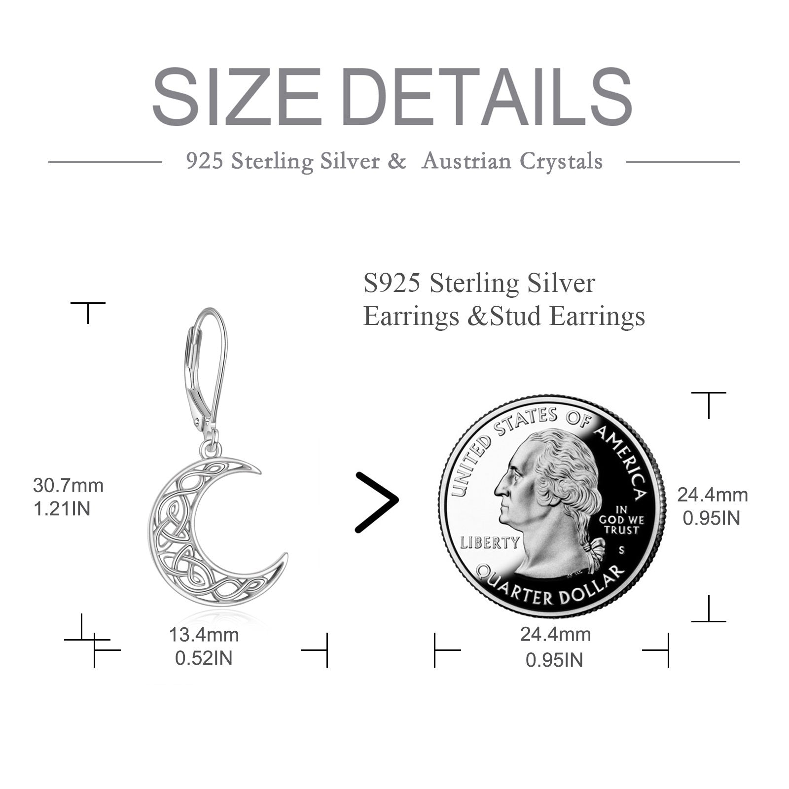 Women'S Celtic Style Moon Earrings - 925 Sterling Silvery Crescent Pendant Jewelry with Intricate Star Patterns, Perfect for Casual Attire or Gifting, Moon Jewelry