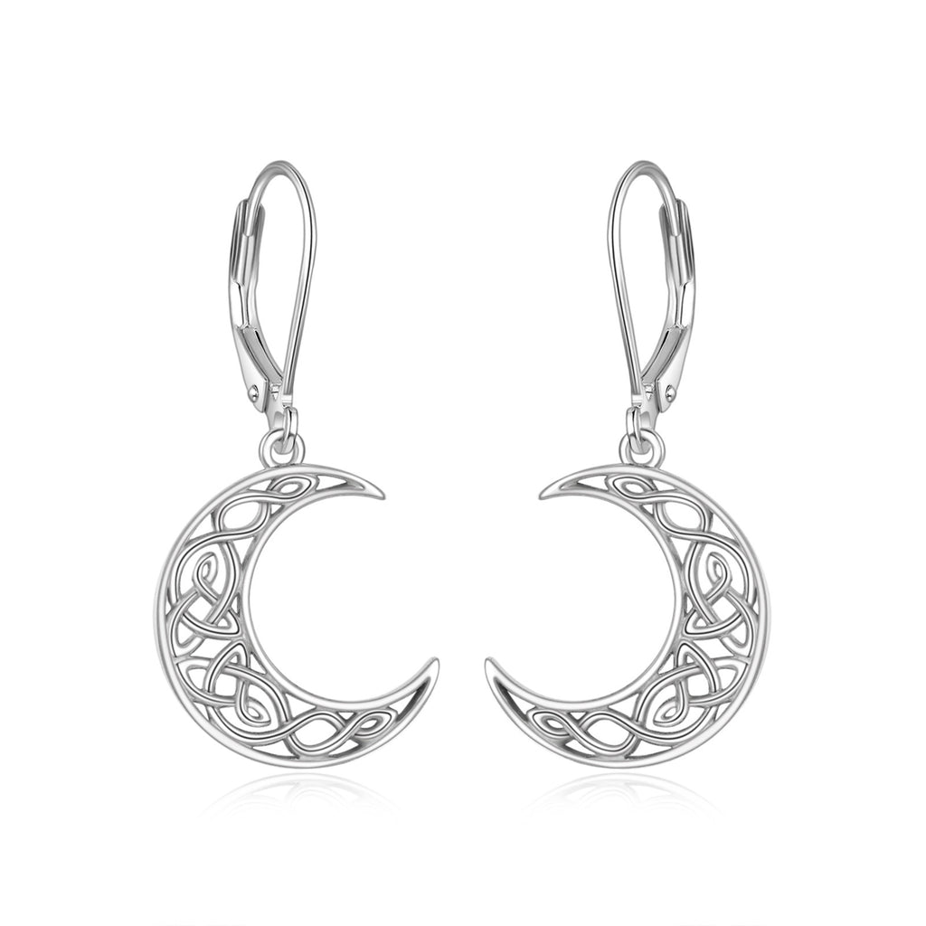 Women'S Celtic Style Moon Earrings - 925 Sterling Silvery Crescent Pendant Jewelry with Intricate Star Patterns, Perfect for Casual Attire or Gifting, Moon Jewelry
