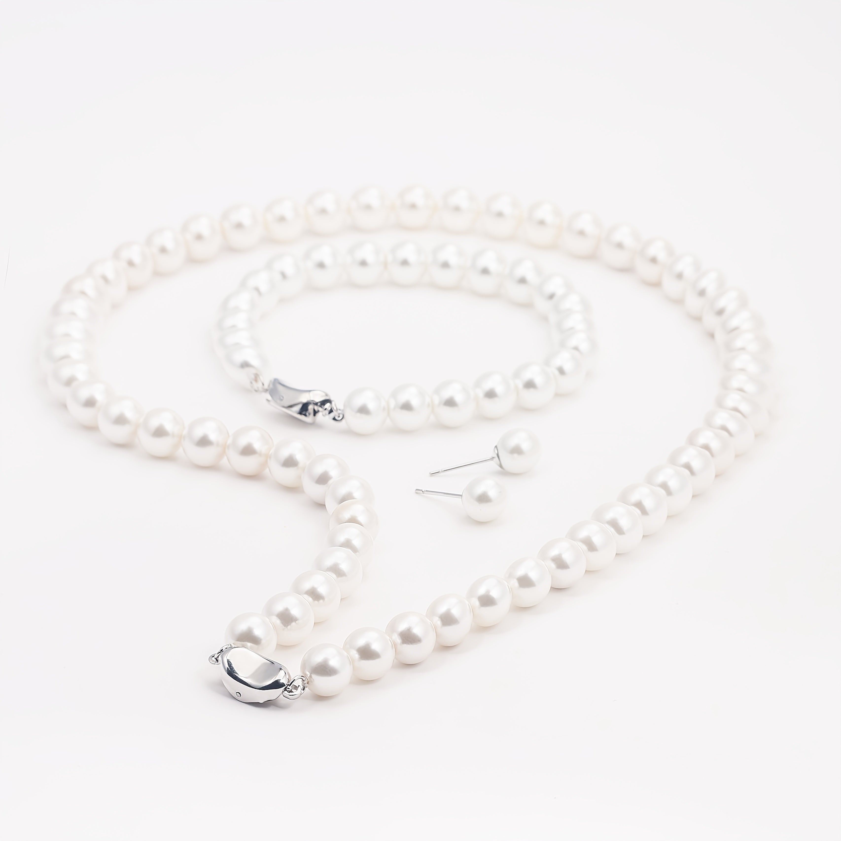[Luxury Pearls Jewelry] 3pcs Luxury 925 Silver Freshwater Pearls Jewelry Set (Necklace, Bracelet, Earrings) | Daily Wear, Valentine's Day Anniversary Gift, Christmas Gift for Family, Complimentary Gift Box