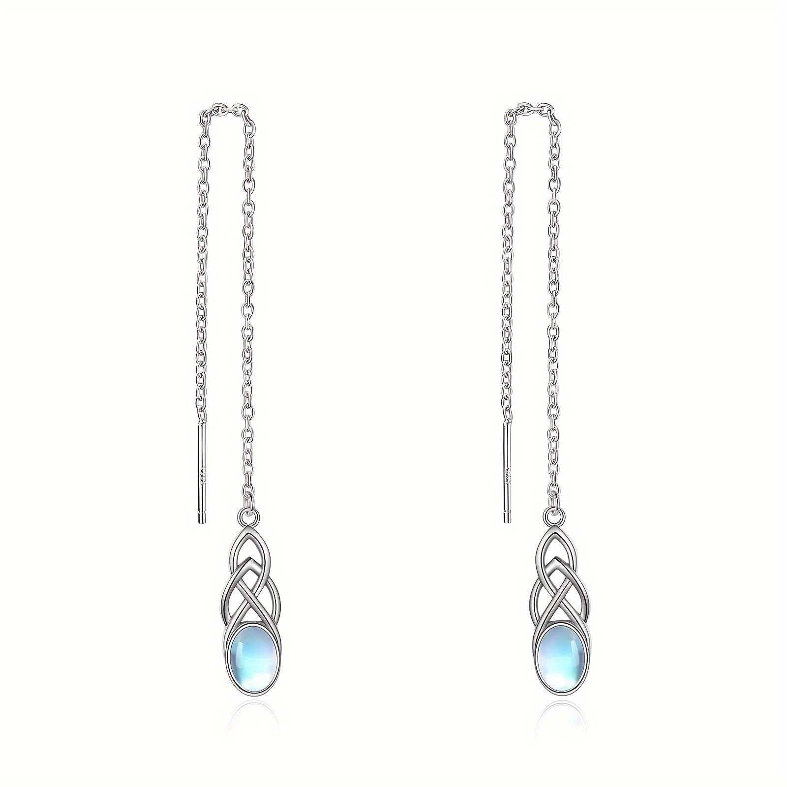 Synthetic Moonstone Threaded Earrings Sterling Silver Celtic Dangle Tear Drop Long Chain Earrings Jewelry Birthday Gifts For Women