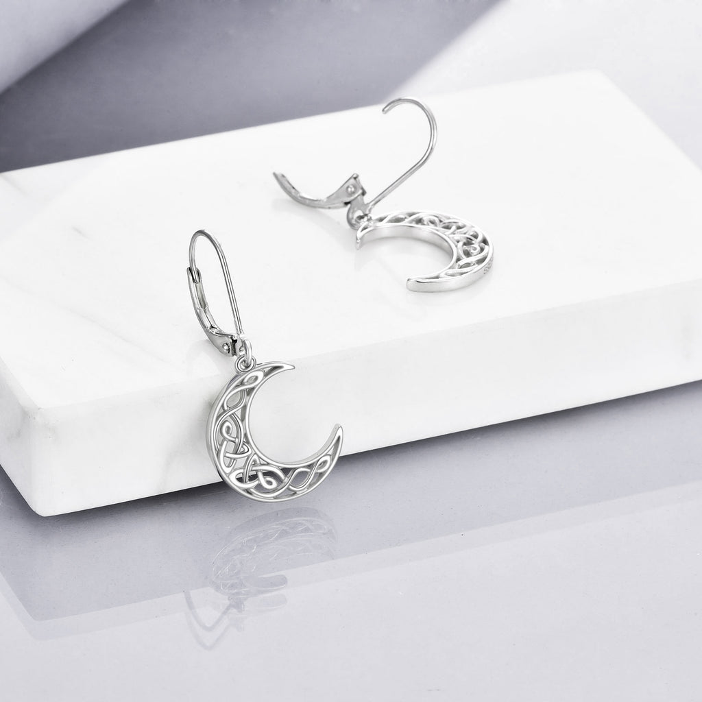 Women'S Celtic Style Moon Earrings - 925 Sterling Silvery Crescent Pendant Jewelry with Intricate Star Patterns, Perfect for Casual Attire or Gifting, Moon Jewelry
