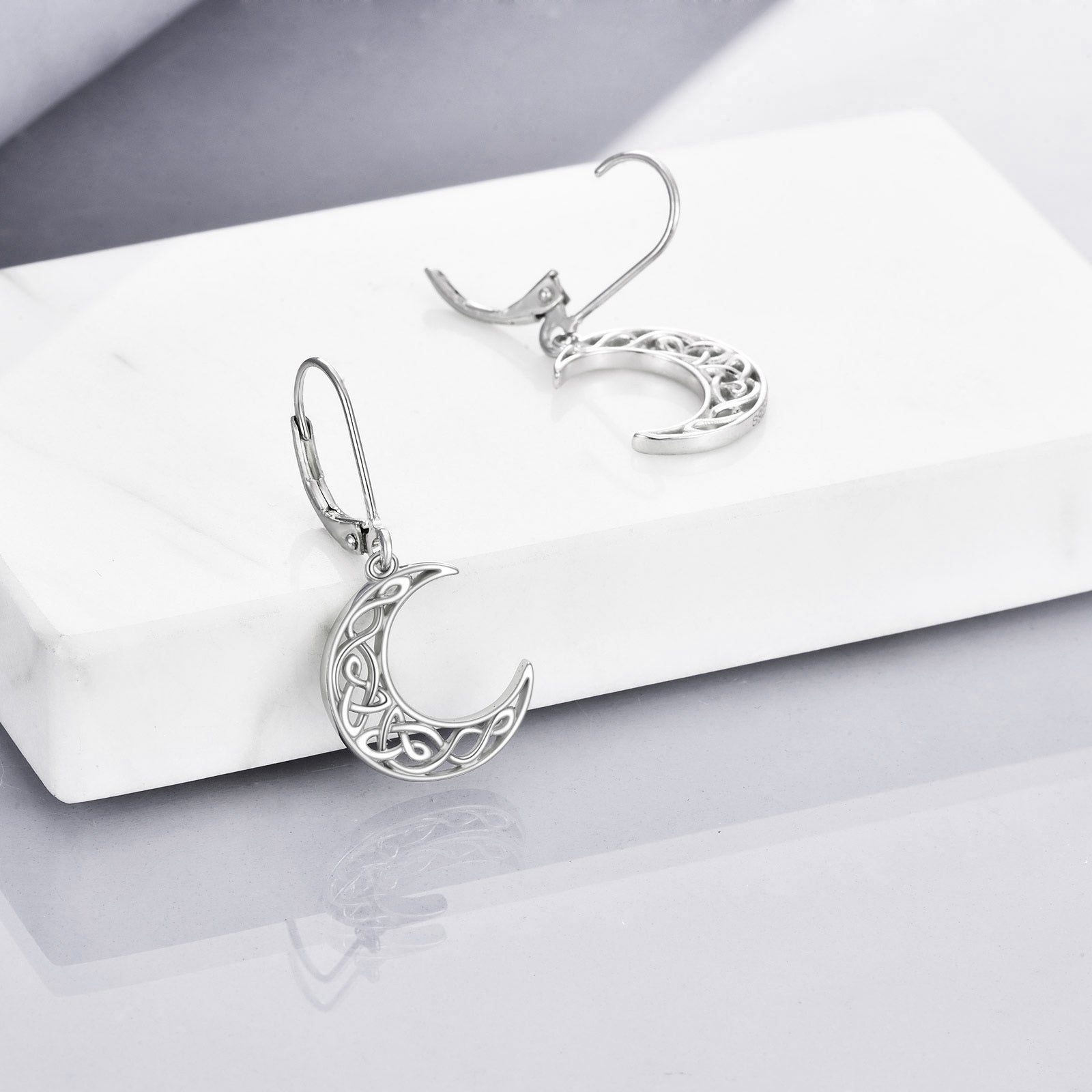 Women'S Celtic Style Moon Earrings - 925 Sterling Silvery Crescent Pendant Jewelry with Intricate Star Patterns, Perfect for Casual Attire or Gifting, Moon Jewelry