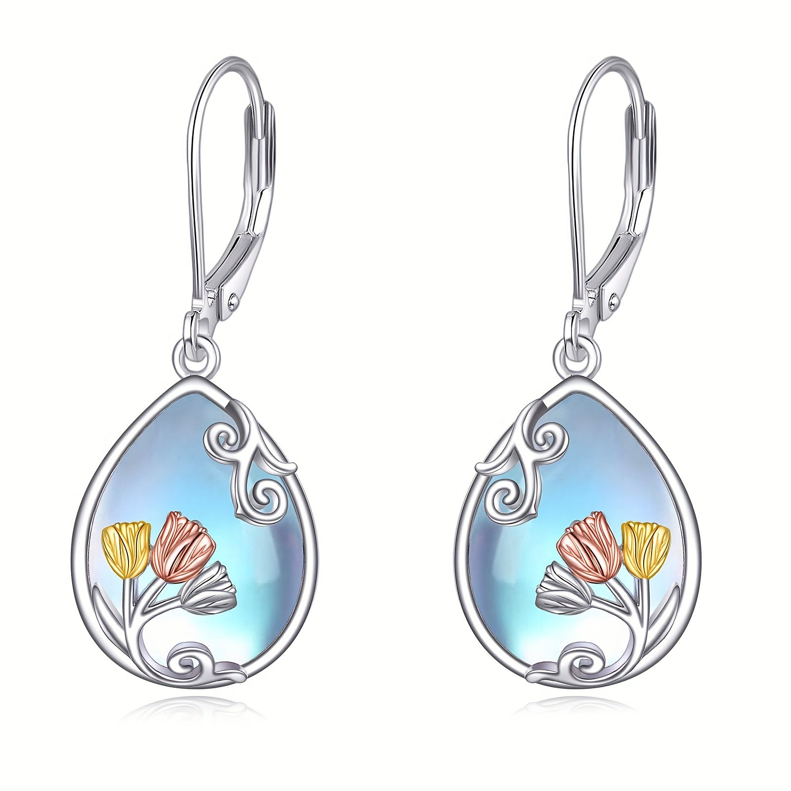 Tulip Leverback Earrings For Women Sterling Silver Moonstone Purple Tulip Flower Dangle Earring