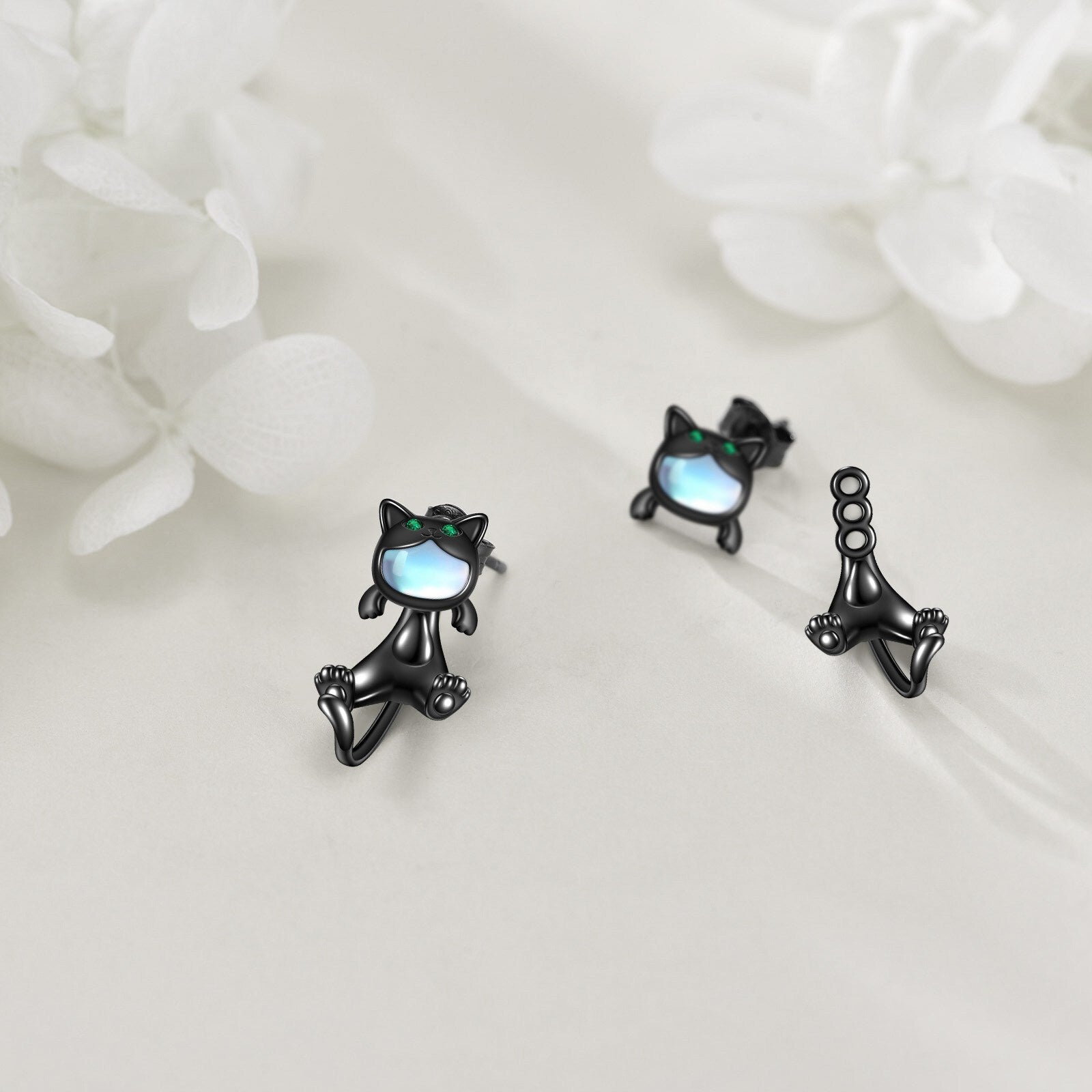 925 Sterling Silvery Gunmetal Moonstone Black Cat Earrings Two Stacked Ways to Wear Cat Dangling Earrings Cat Earrings Stud Earrings