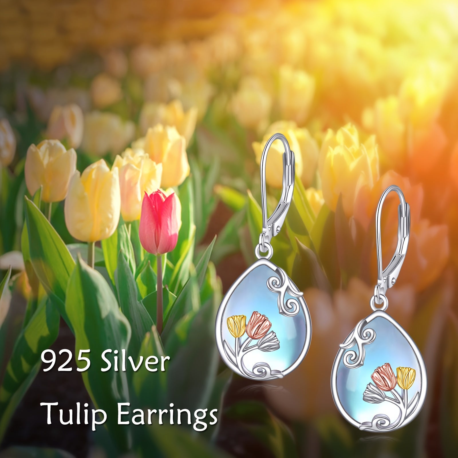 Tulip Leverback Earrings For Women Sterling Silver Moonstone Purple Tulip Flower Dangle Earring