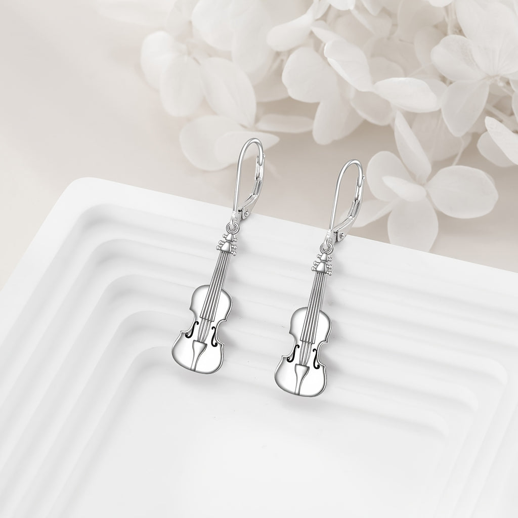 Earrings Made Of Sterling Silver In The Shape Of Violins, With A Dangling Design And Leverback Closure, Perfect For Music Enthusiasts Of Both Genders.
