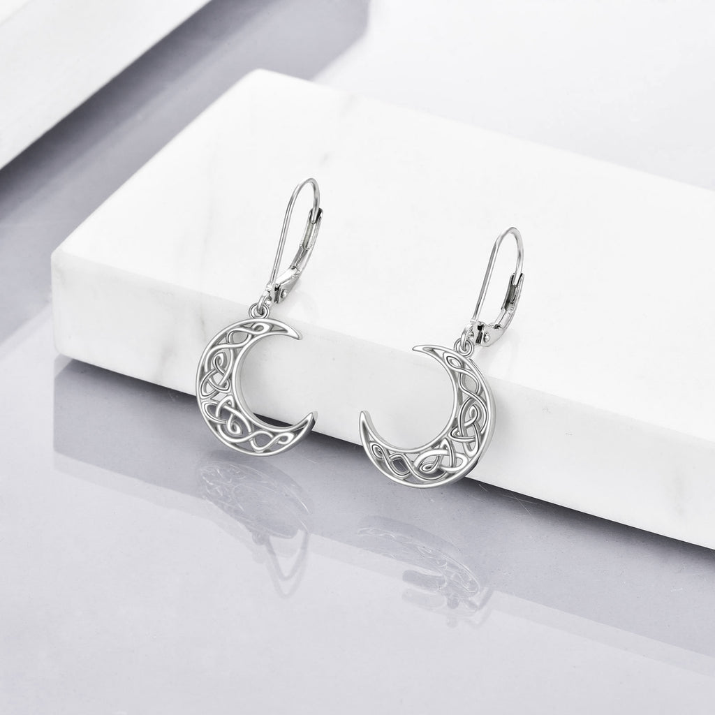 Women'S Celtic Style Moon Earrings - 925 Sterling Silvery Crescent Pendant Jewelry with Intricate Star Patterns, Perfect for Casual Attire or Gifting, Moon Jewelry