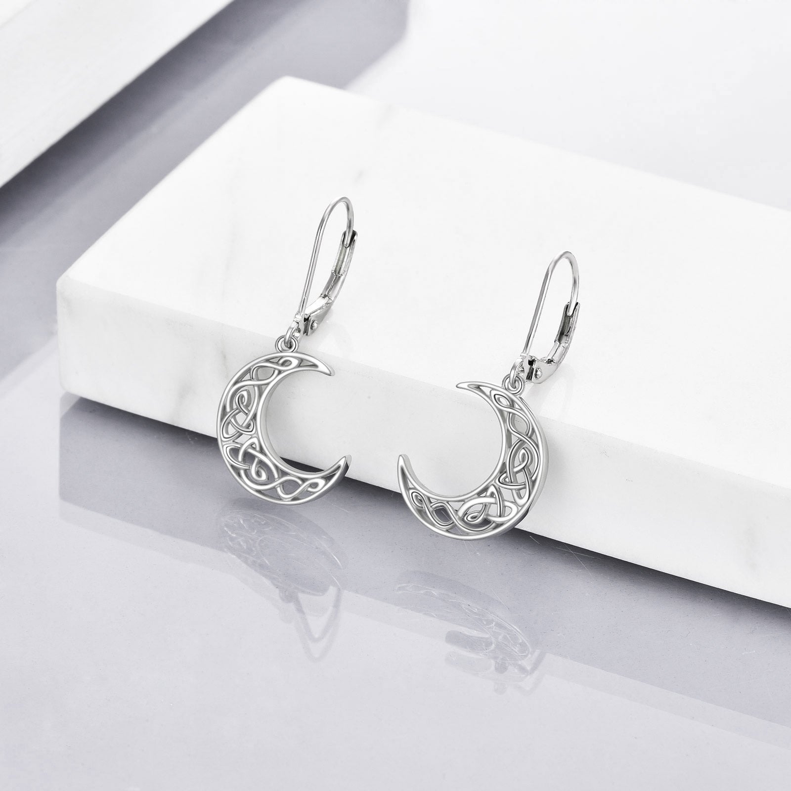 Women'S Celtic Style Moon Earrings - 925 Sterling Silvery Crescent Pendant Jewelry with Intricate Star Patterns, Perfect for Casual Attire or Gifting, Moon Jewelry