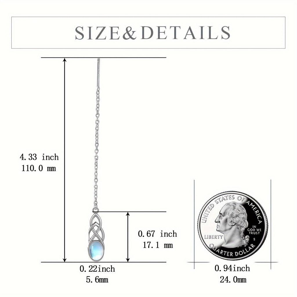 Synthetic Moonstone Threaded Earrings Sterling Silver Celtic Dangle Tear Drop Long Chain Earrings Jewelry Birthday Gifts For Women
