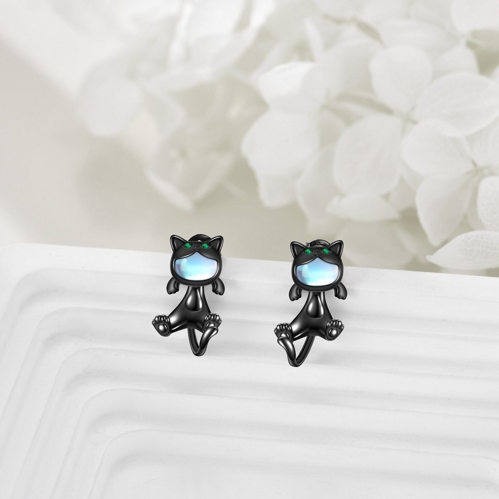 925 Sterling Silvery Gunmetal Moonstone Black Cat Earrings Two Stacked Ways to Wear Cat Dangling Earrings Cat Earrings Stud Earrings
