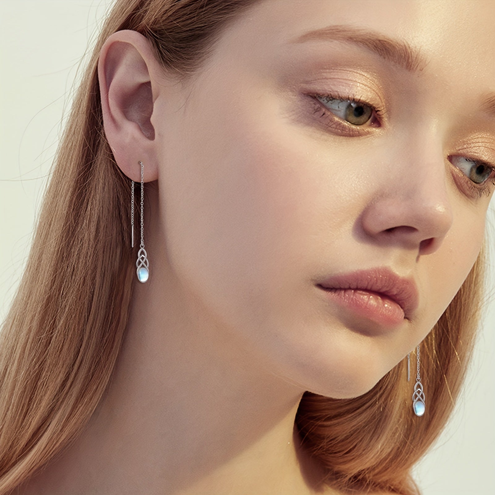 Synthetic Moonstone Threaded Earrings Sterling Silver Celtic Dangle Tear Drop Long Chain Earrings Jewelry Birthday Gifts For Women