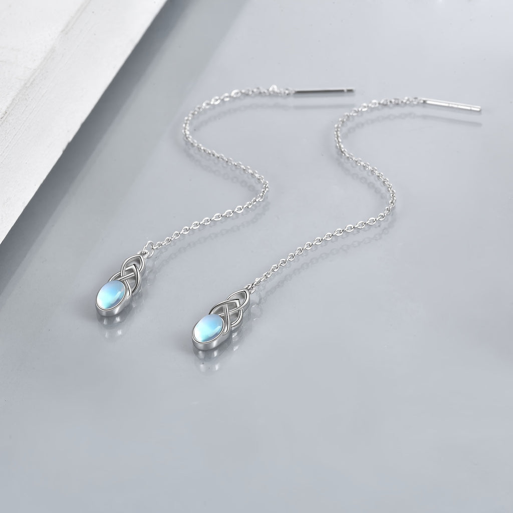 Synthetic Moonstone Threaded Earrings Sterling Silver Celtic Dangle Tear Drop Long Chain Earrings Jewelry Birthday Gifts For Women