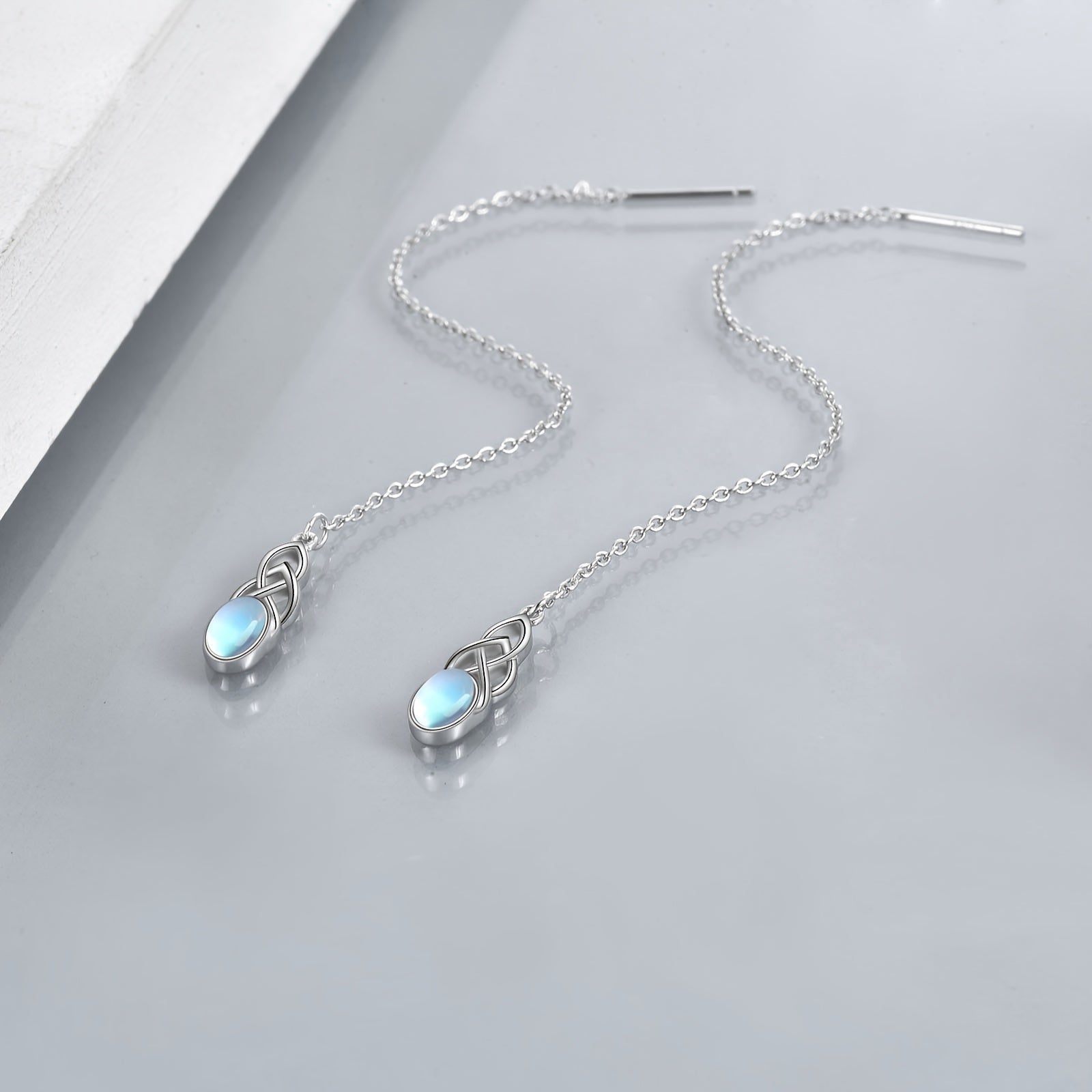 Synthetic Moonstone Threaded Earrings Sterling Silver Celtic Dangle Tear Drop Long Chain Earrings Jewelry Birthday Gifts For Women
