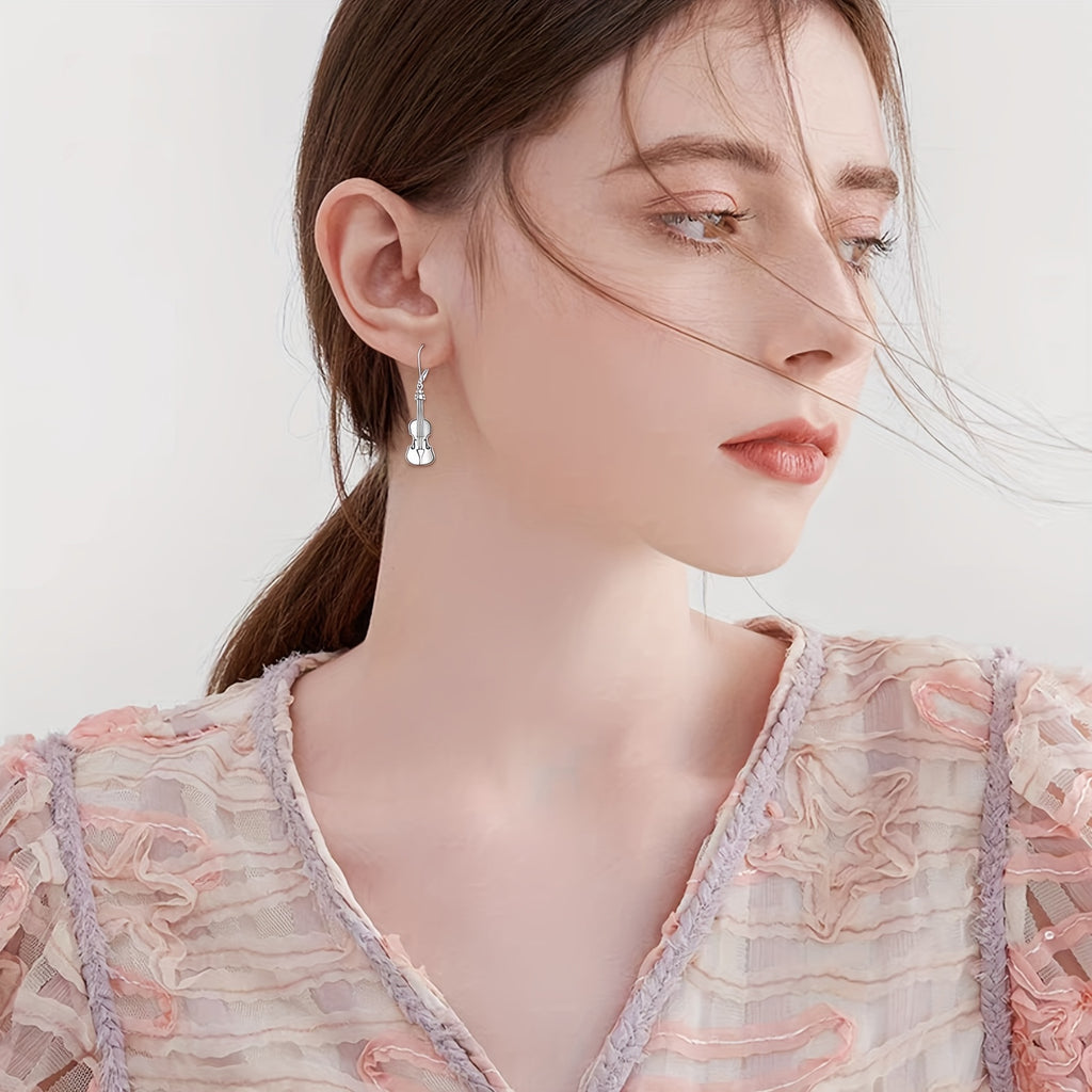 Earrings Made Of Sterling Silver In The Shape Of Violins, With A Dangling Design And Leverback Closure, Perfect For Music Enthusiasts Of Both Genders.