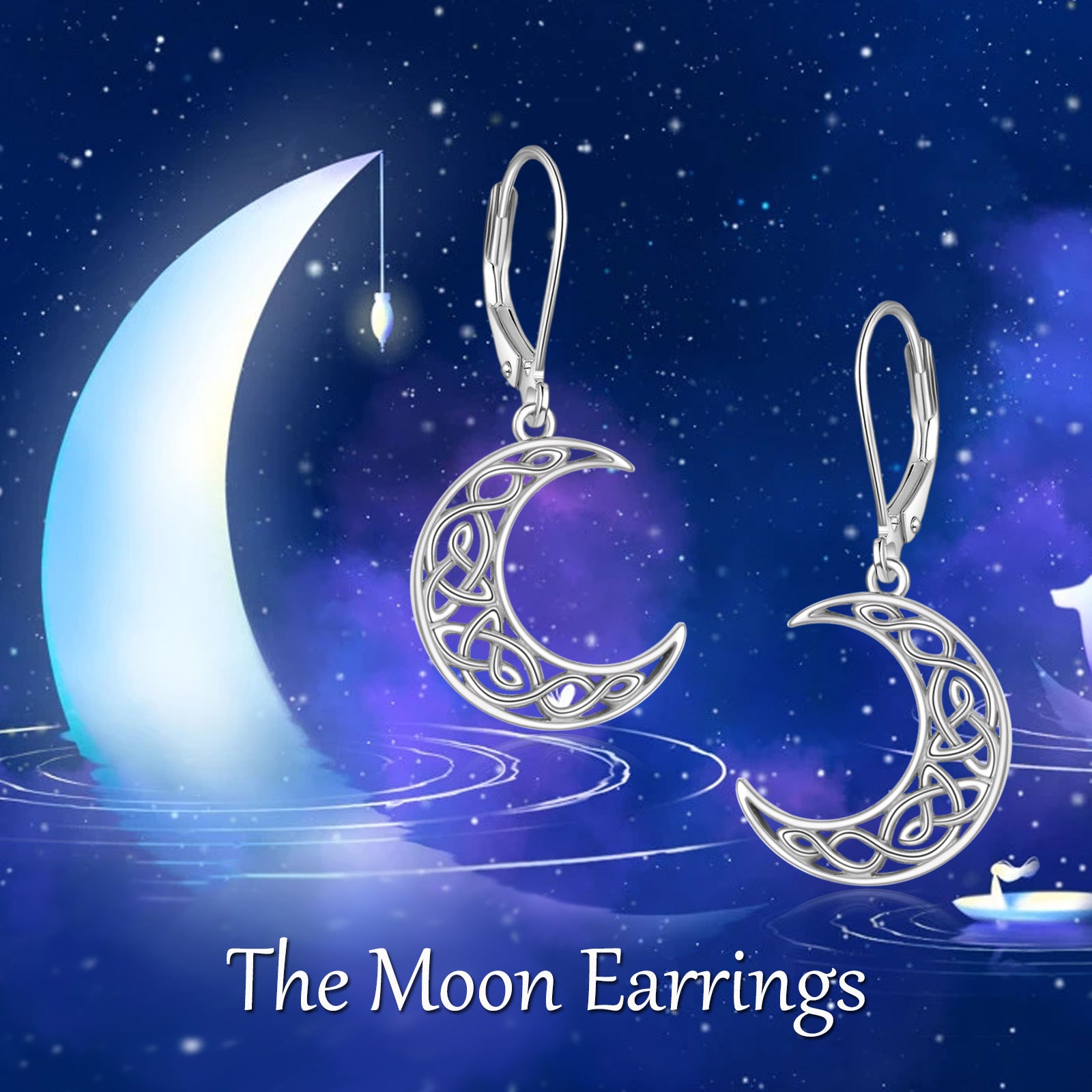 Women'S Celtic Style Moon Earrings - 925 Sterling Silvery Crescent Pendant Jewelry with Intricate Star Patterns, Perfect for Casual Attire or Gifting, Moon Jewelry