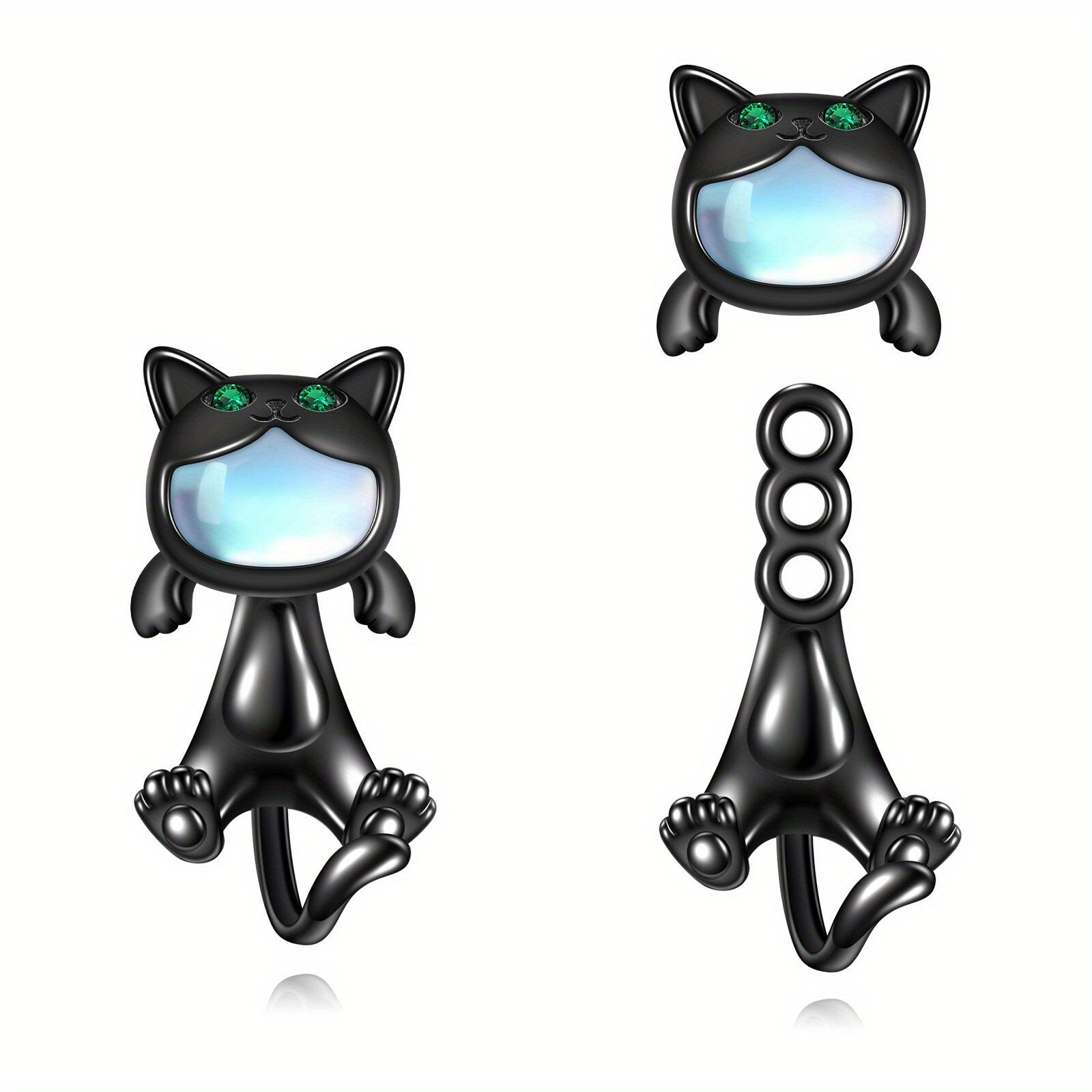925 Sterling Silvery Gunmetal Moonstone Black Cat Earrings Two Stacked Ways to Wear Cat Dangling Earrings Cat Earrings Stud Earrings