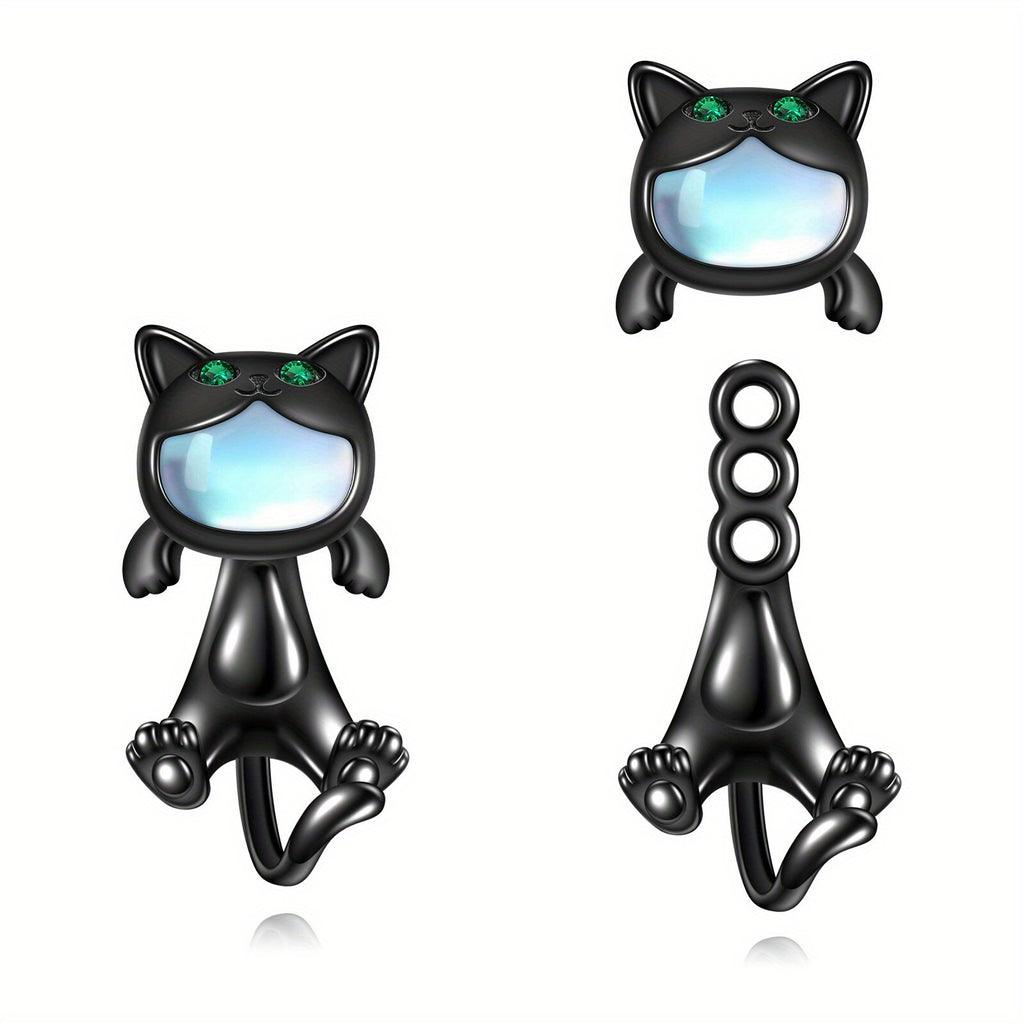 925 Sterling Silvery Gunmetal Moonstone Black Cat Earrings Two Stacked Ways to Wear Cat Dangling Earrings Cat Earrings Stud Earrings