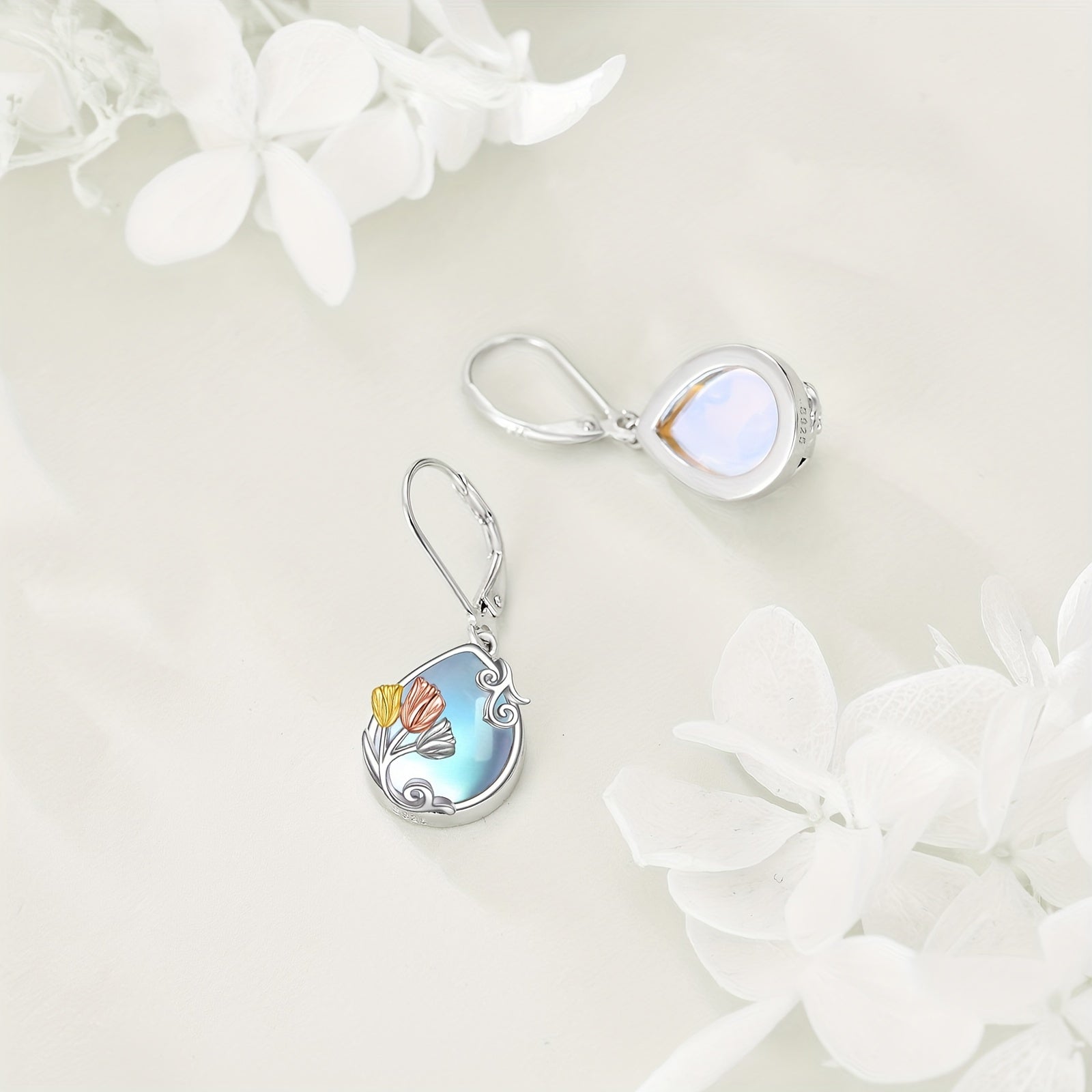 Tulip Leverback Earrings For Women Sterling Silver Moonstone Purple Tulip Flower Dangle Earring