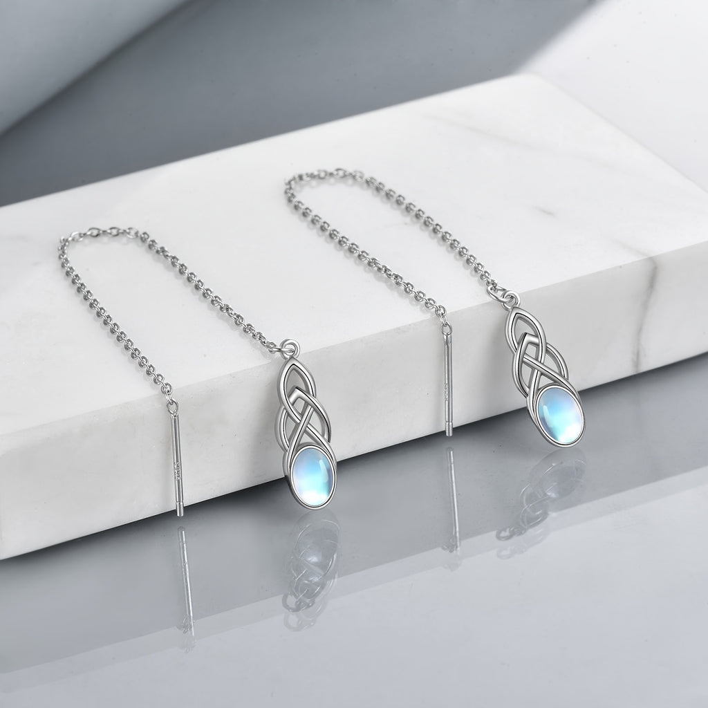 Synthetic Moonstone Threaded Earrings Sterling Silver Celtic Dangle Tear Drop Long Chain Earrings Jewelry Birthday Gifts For Women