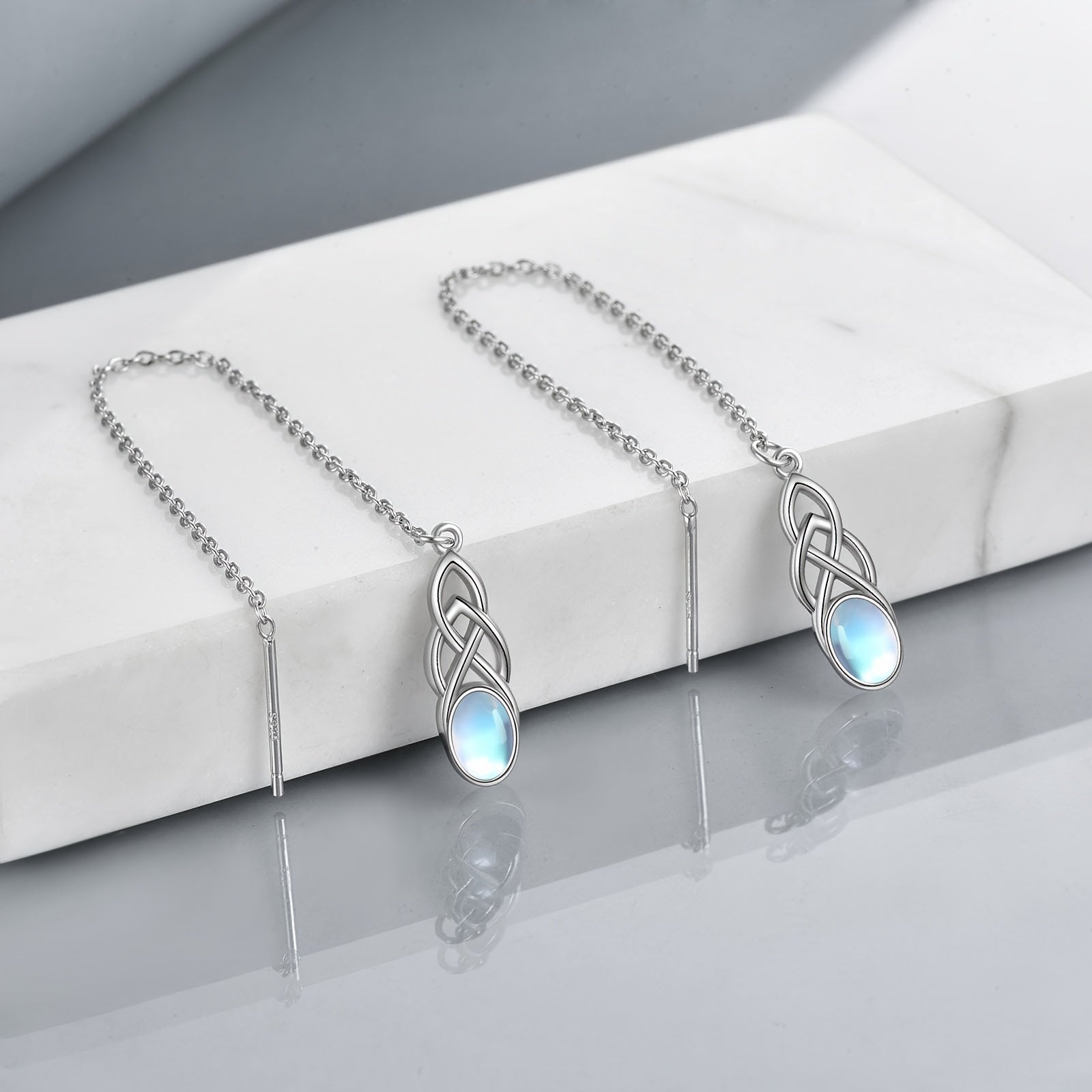 Synthetic Moonstone Threaded Earrings Sterling Silver Celtic Dangle Tear Drop Long Chain Earrings Jewelry Birthday Gifts For Women
