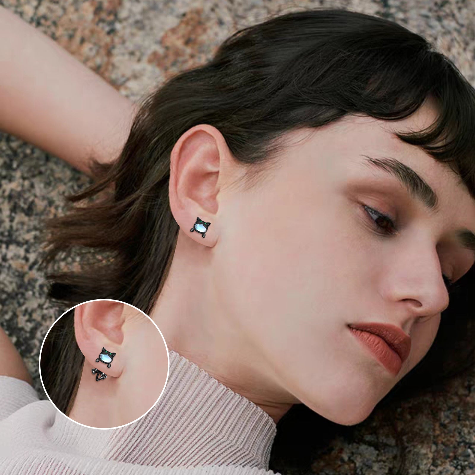 925 Sterling Silvery Gunmetal Moonstone Black Cat Earrings Two Stacked Ways to Wear Cat Dangling Earrings Cat Earrings Stud Earrings