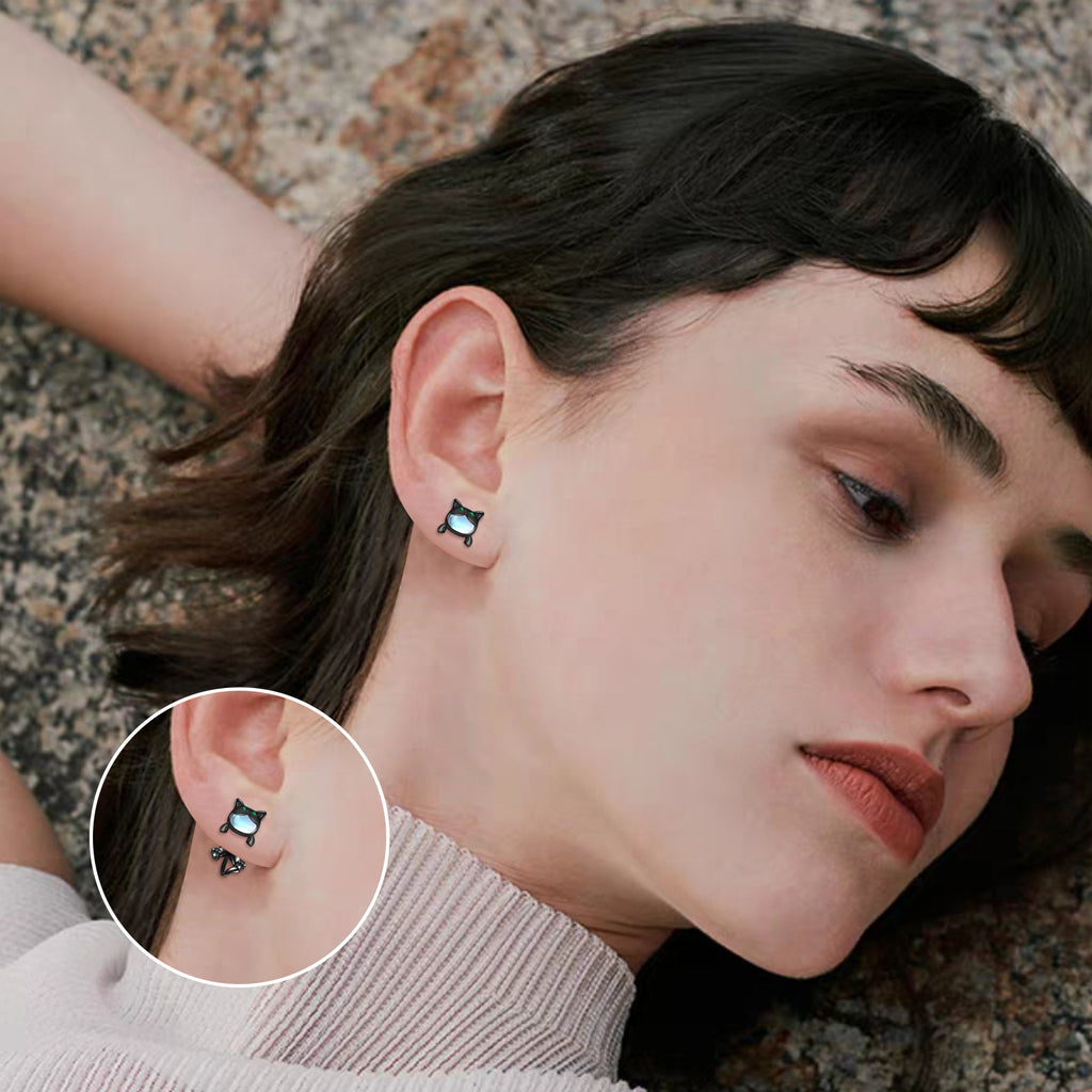 925 Sterling Silvery Gunmetal Moonstone Black Cat Earrings Two Stacked Ways to Wear Cat Dangling Earrings Cat Earrings Stud Earrings