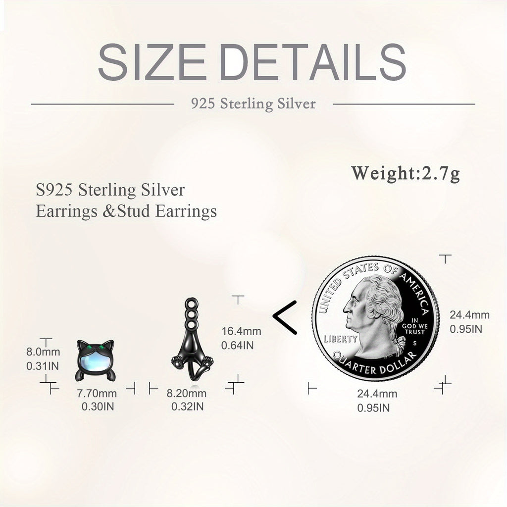 925 Sterling Silvery Gunmetal Moonstone Black Cat Earrings Two Stacked Ways to Wear Cat Dangling Earrings Cat Earrings Stud Earrings